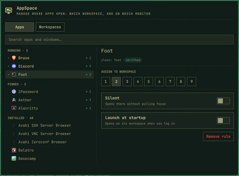 The AppSpace panel, assigning Foot to workspace 2 with its app list on the left