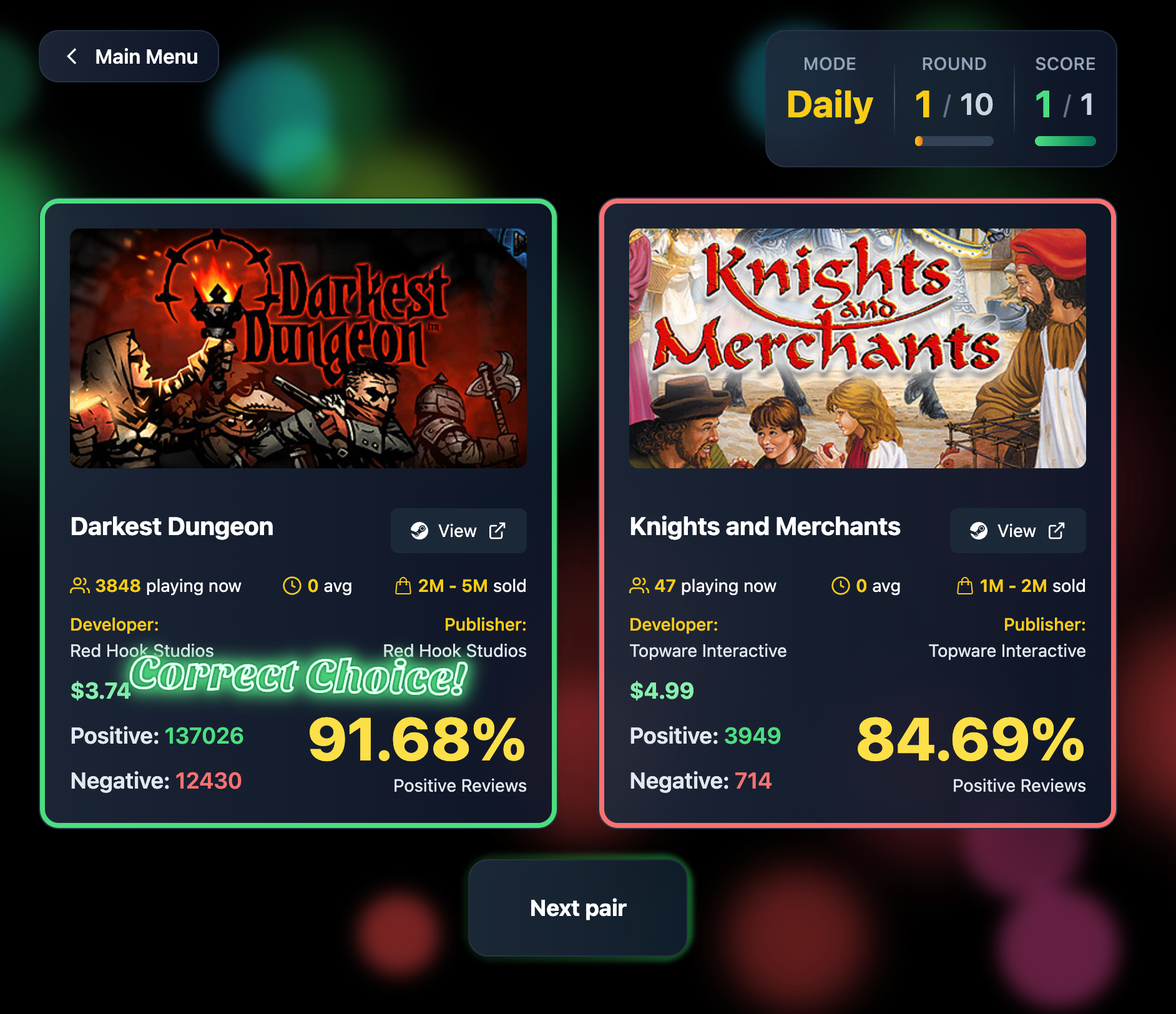 The daily challenge screen, Darkest Dungeon correctly picked over Knights and Merchants by review score
