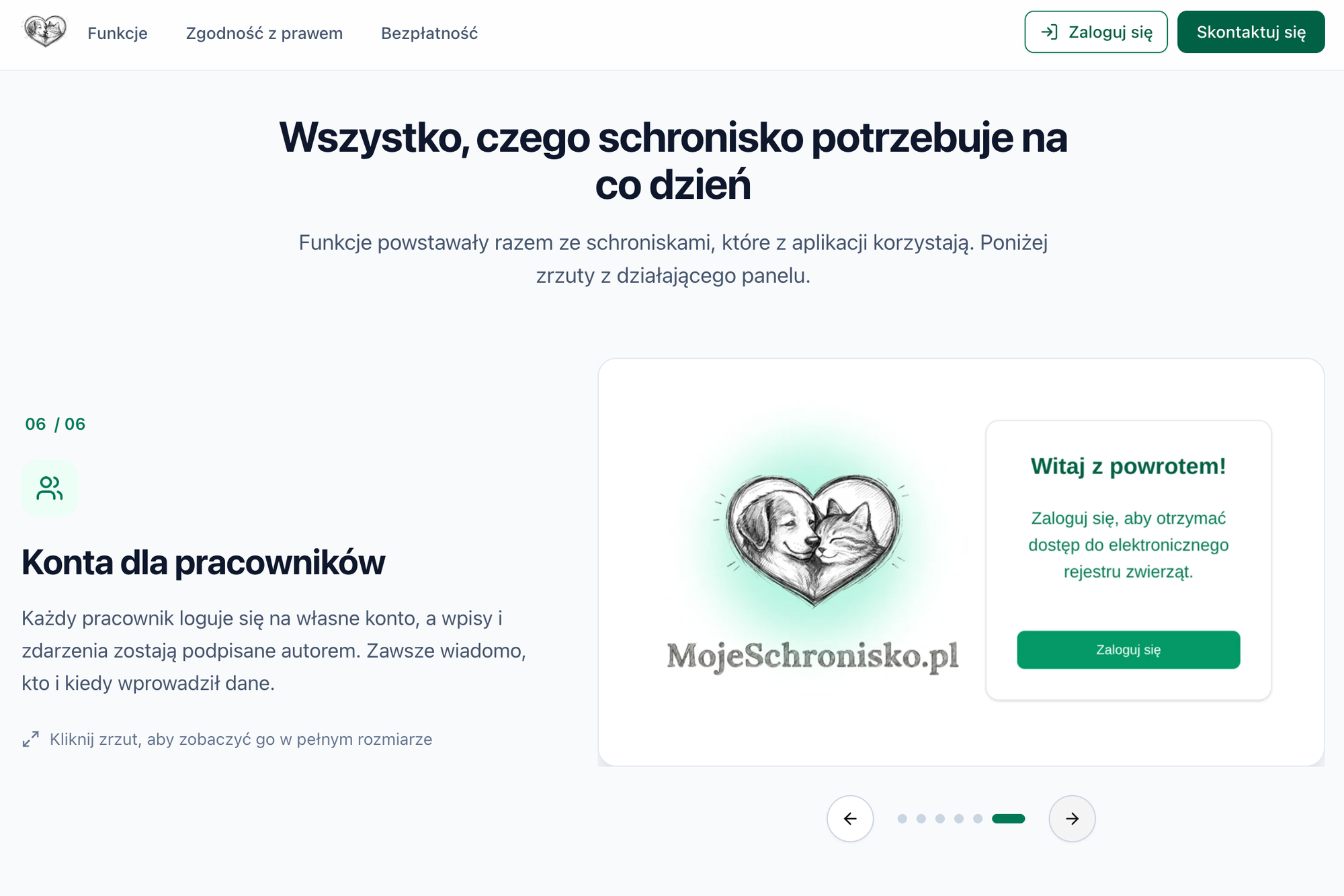 The mojeschronisko.pl landing page, showing the shelter feature list and a login panel preview